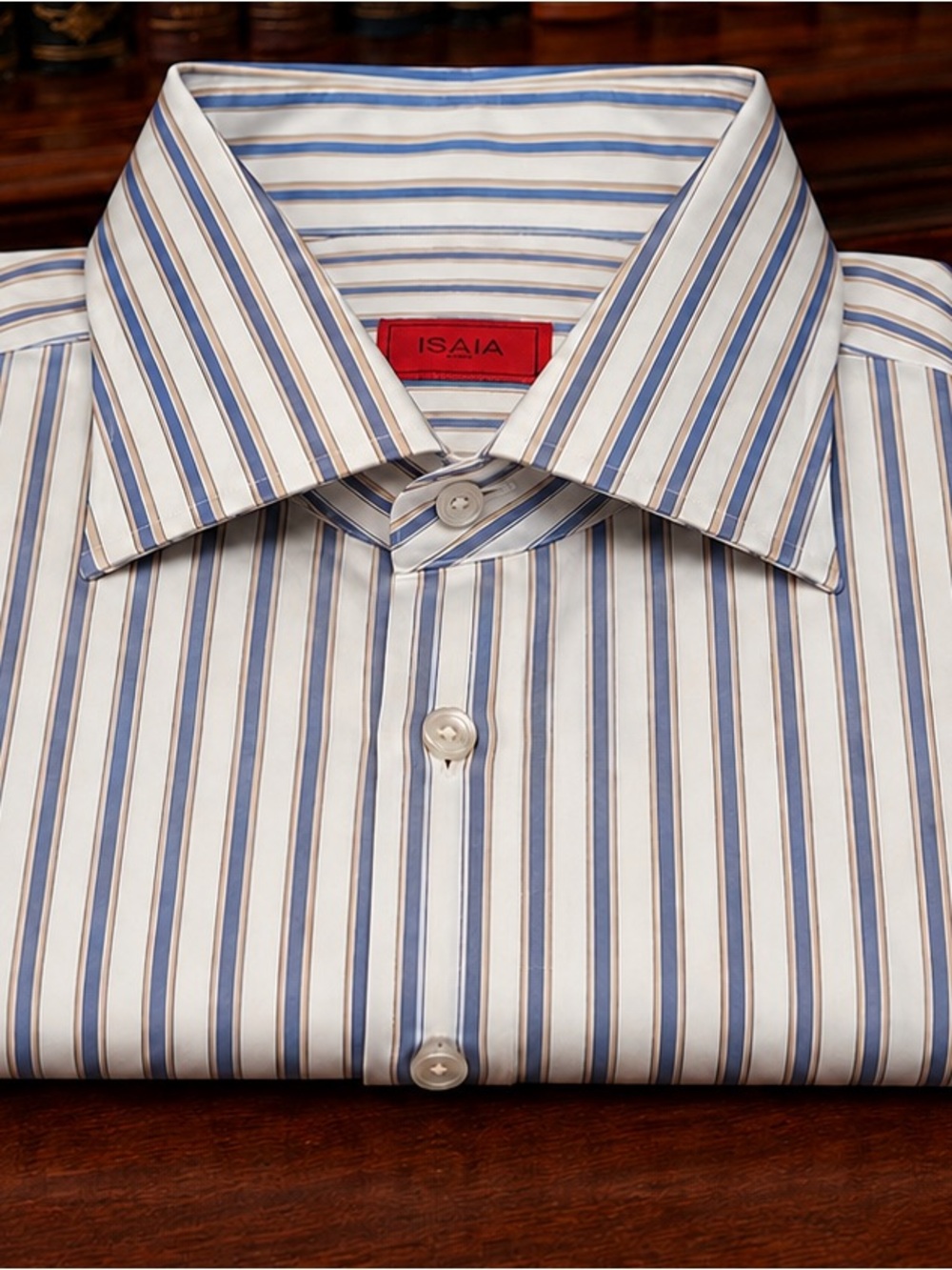 Isaia White Dress Shirt with Blue and Brown Stripes